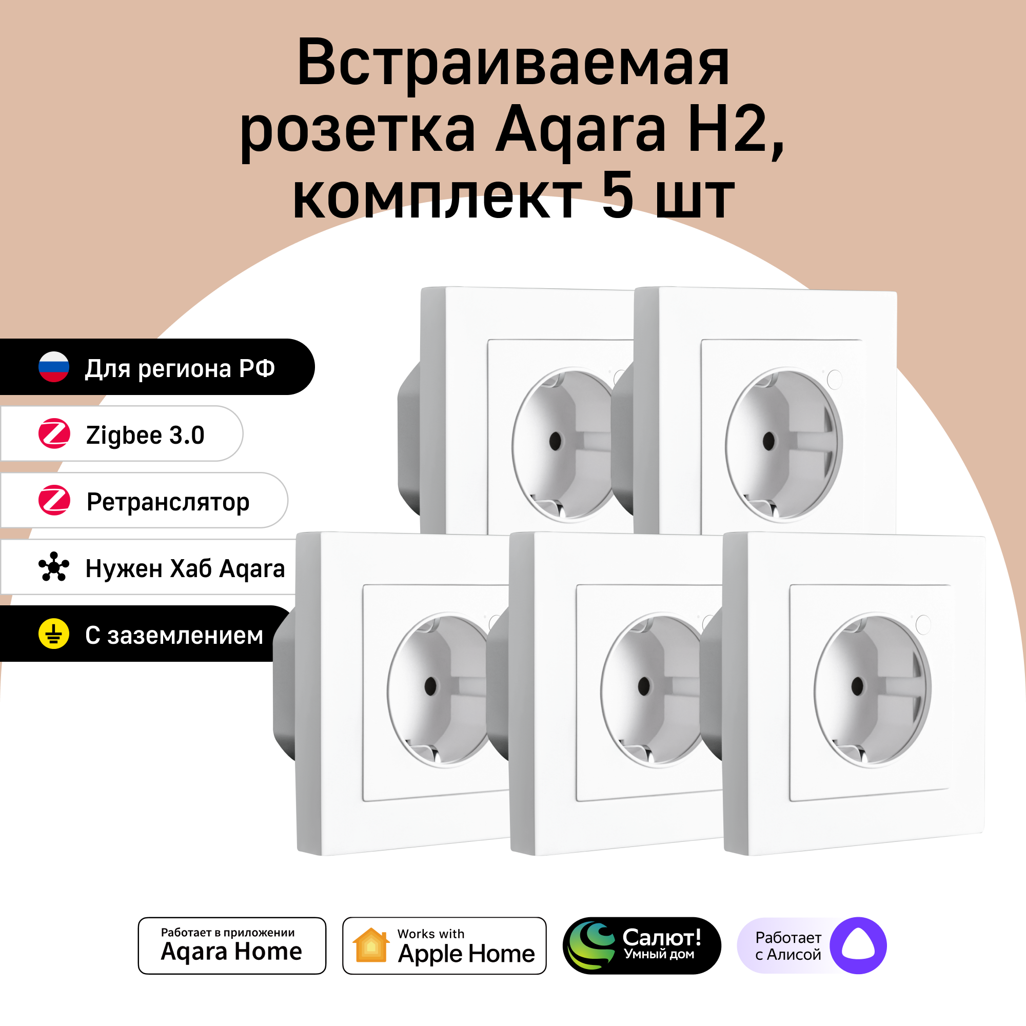 Комплект умных встраиваемых розеток Aqara H2 WP-P01D 5 штук 15450₽