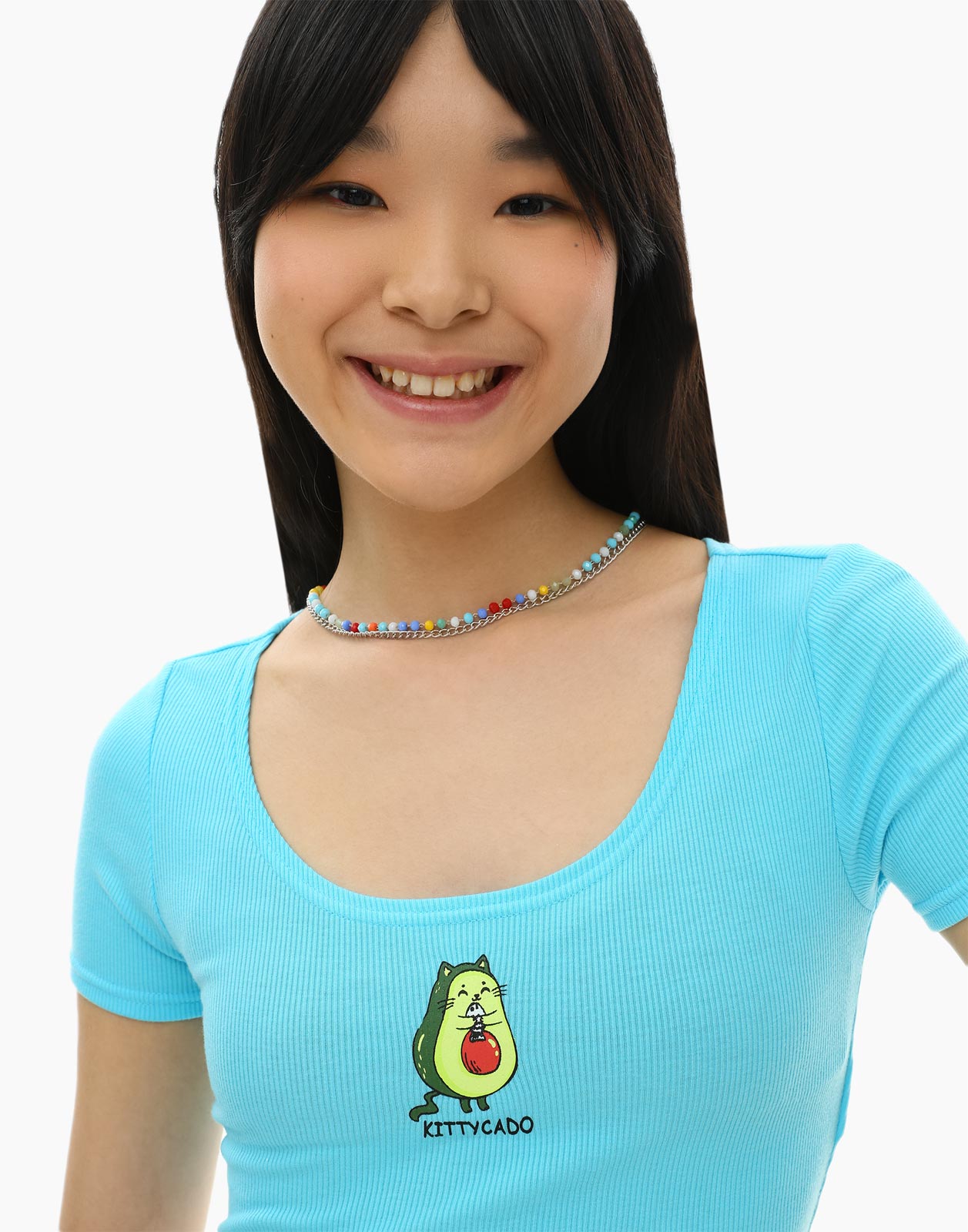 Голубая укороченная футболка с авокадо для девочки 10-12л/146-152