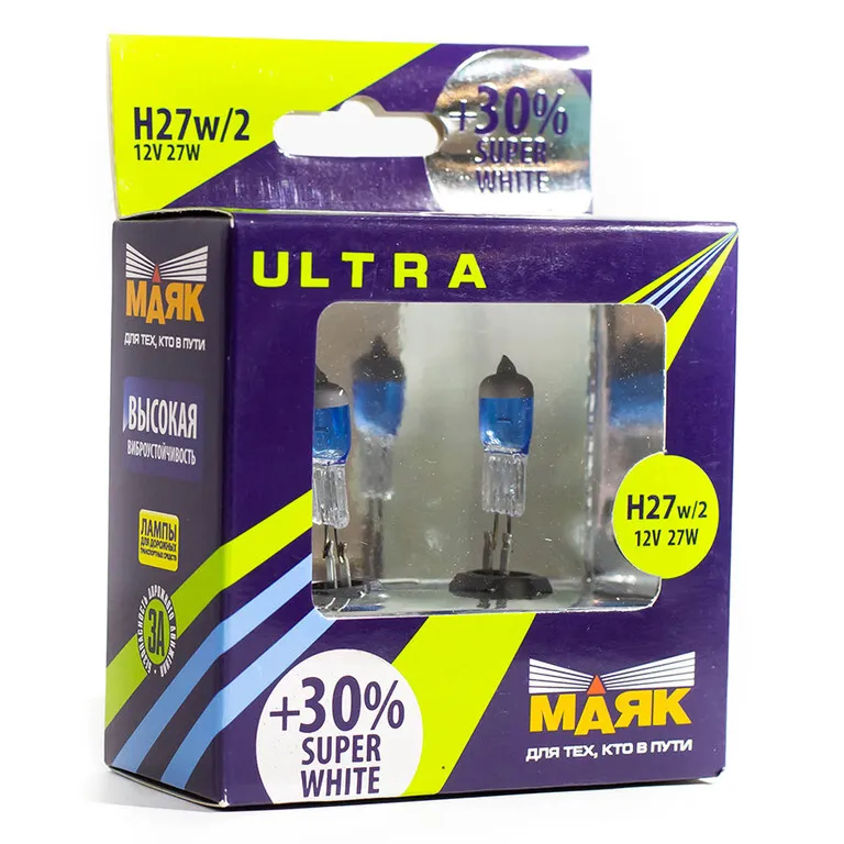 Лампа 12v H27 27w +30% Pgj13 Маяк Super White 2 Шт. Картон 82727w2sw+30 Маяк 82727W2SW30