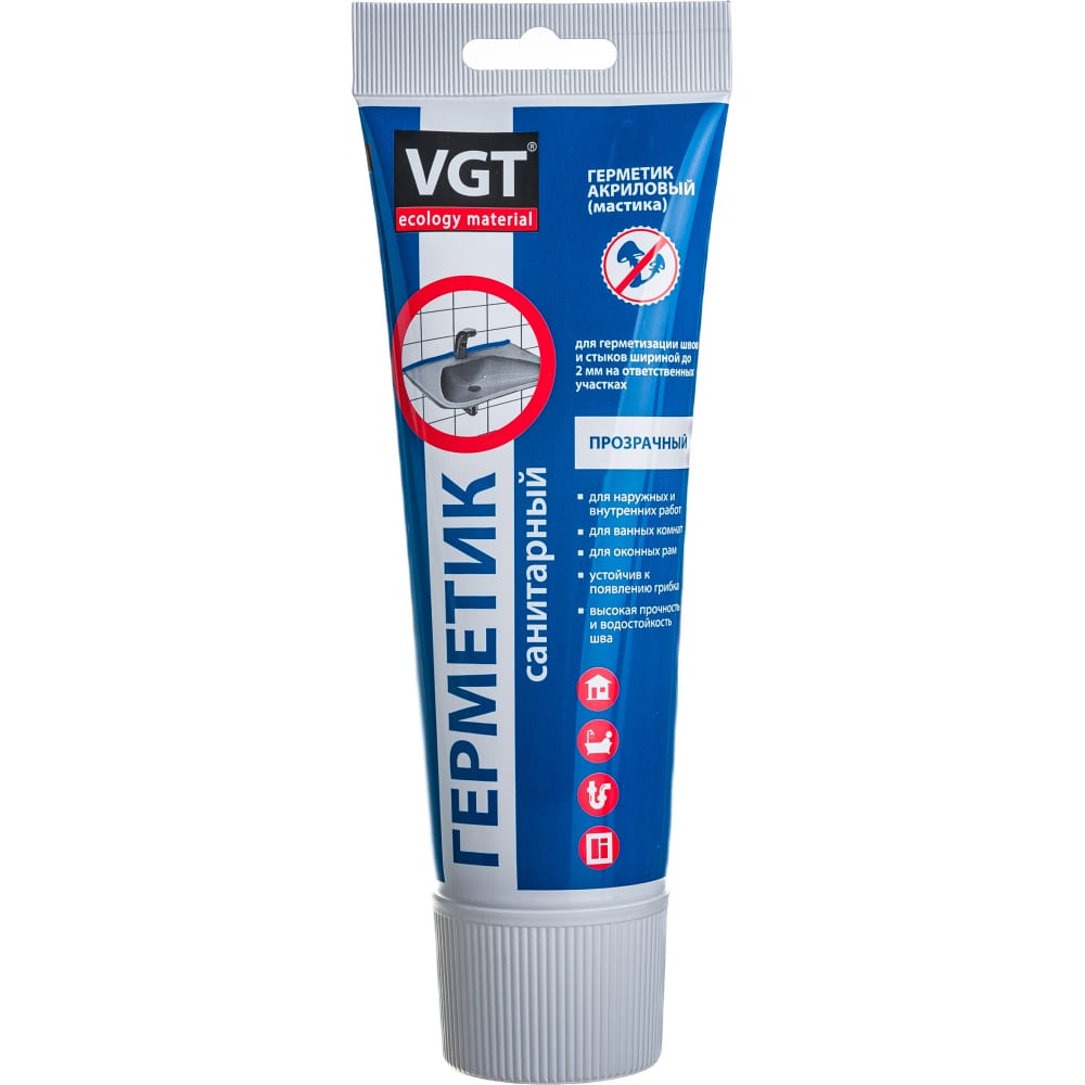 Акриловый герметик VGT мастика для внут. и нар. работ санитарный прозрачный 0,25 кг туба 1