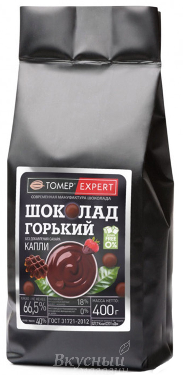 

Шоколад горький 68% какао в каплях без сахара Expert Томер, 400 гр.