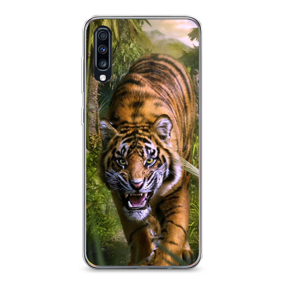 

Чехол на Samsung Galaxy A70 "Тигр в джунглях 2", Оранжевый;зеленый, 28150-1
