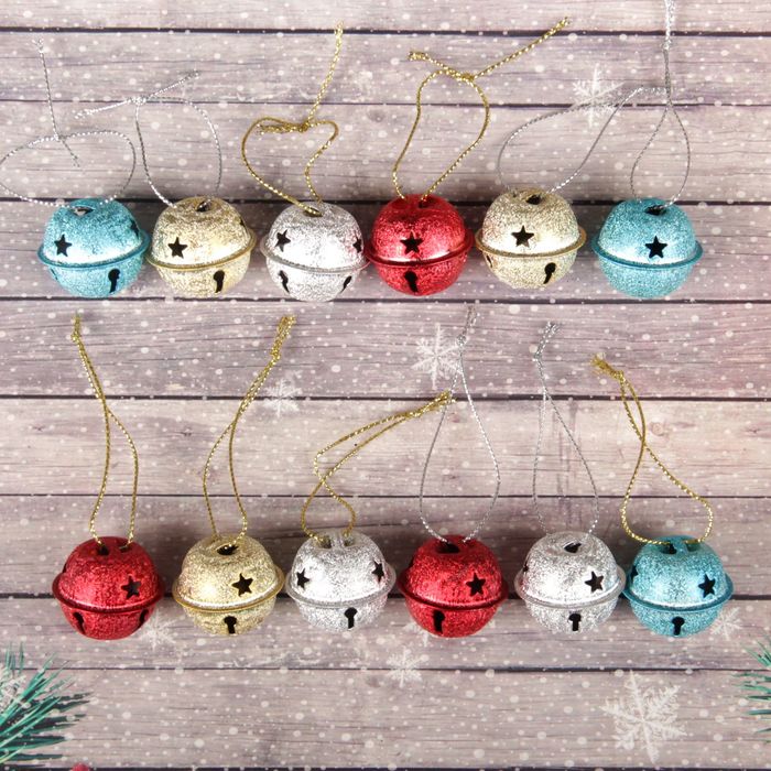 

Бубенчики, набор 12 шт., размер 1 шт: 3х3 см, цвет серебряный, золотой, красный, голубой, Разноцветный