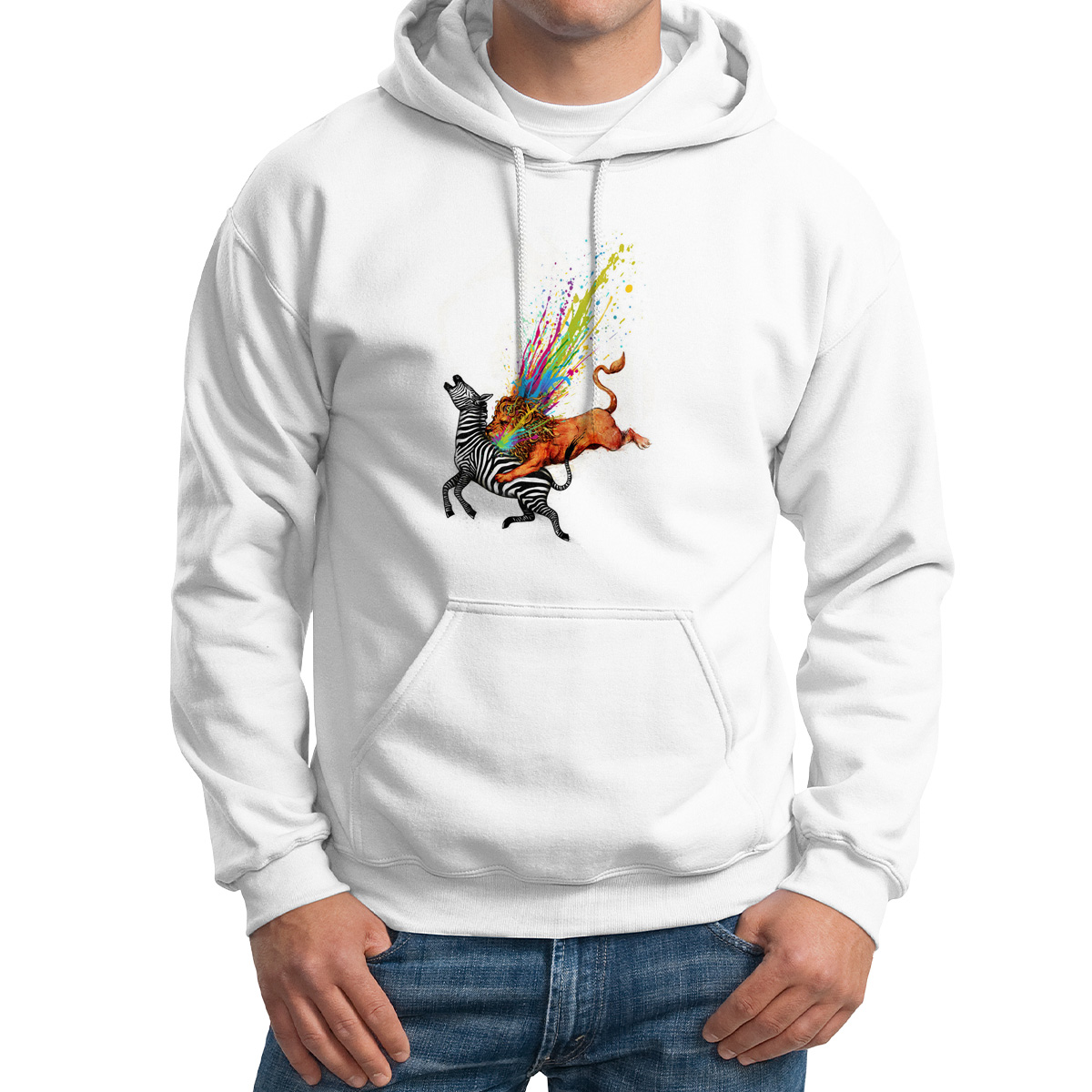 

Худи унисекс CoolPodarok Лев нападает на зебру красочная кровь белое 44 RU, Белый, 4M015737