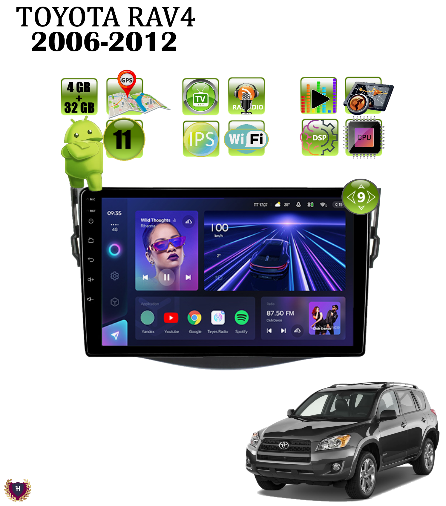 Автомагнитола Podofo для Toyota Rav4 (2006-2012), Android 11, 4/32Gb, Wi-Fi, Bluetooth,GPS