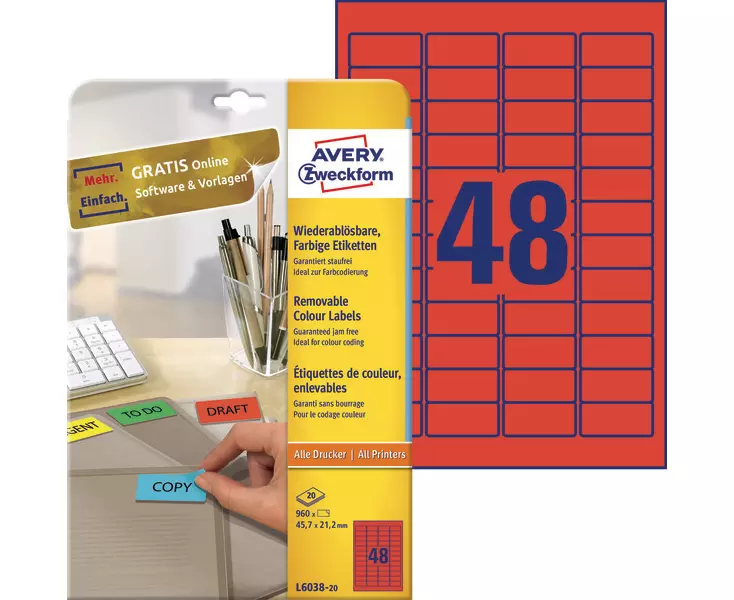 Удаляемые этикетки Avery Zweckform, красные, 45.7x21.2 мм (48 шт. на A4, 20 листов)
