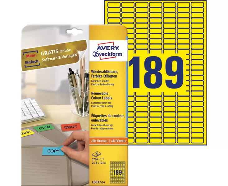Удаляемые этикетки Avery Zweckform, желтые, 25.4x10 мм (189 шт. на A4, 20 листов)