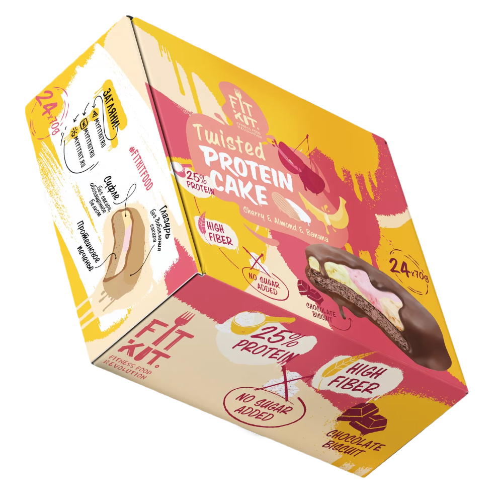 фото Протеиновое печенье fit kit twisted protein cake "вишня-миндаль-банан" (24шт по 70г)