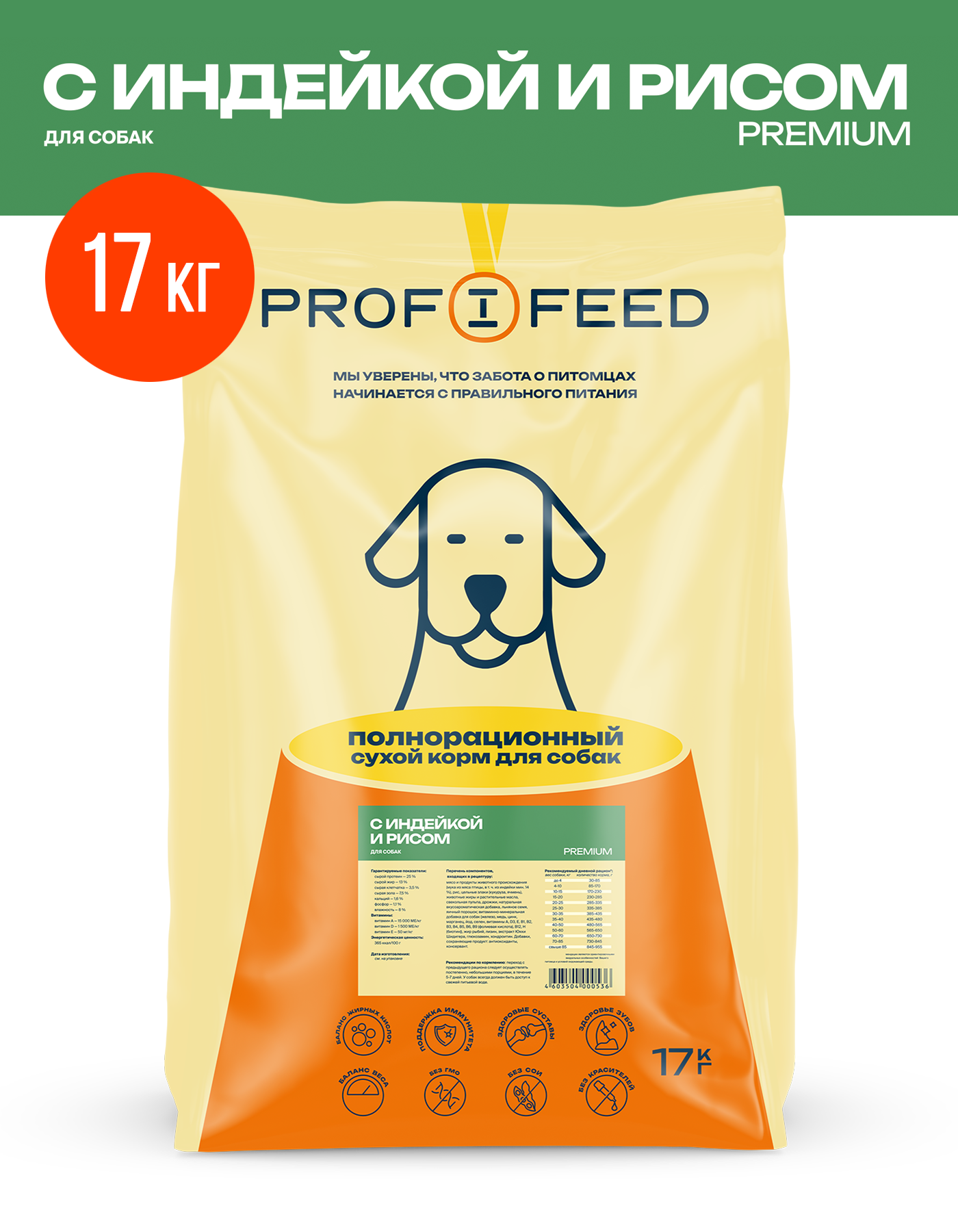 Сухой корм для собак Profifeed с индейкой и рисом 17кг 4930₽