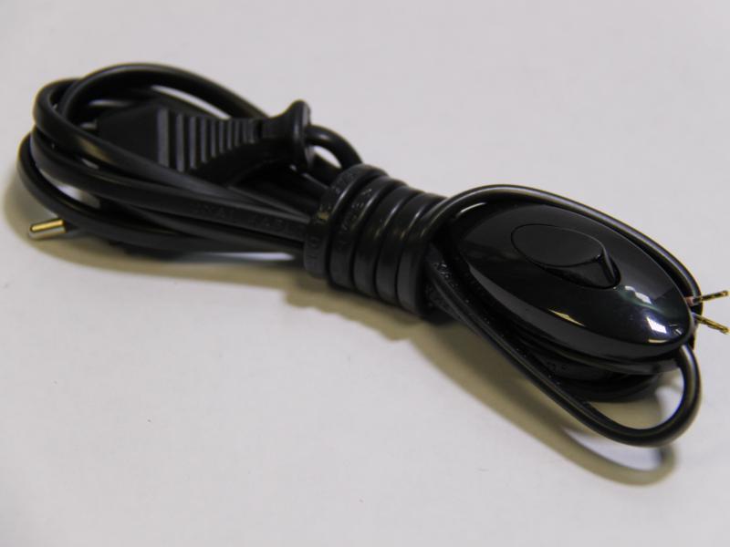 фото Шнур бытовой с проходным выкл., с литой вилкой, (шввп 2х0,75), 2 метра, черный 10035 makel