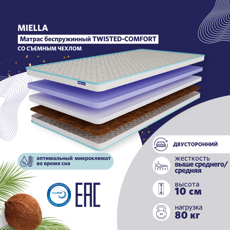 Матрас для кровати Miella Twisted-Comfort 90x200 двусторонний, со съемным чехлом