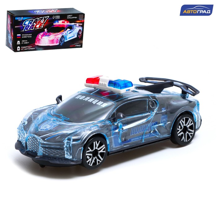 Машина «Crazy race, полиция», русская озвучка, свет, работает от батареек, цвет серый машина перевёртыш радиоуправляемая полиция работает от батареек красный
