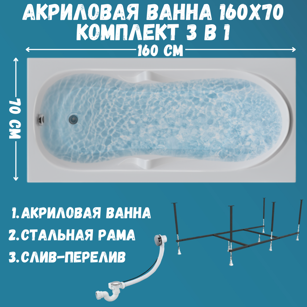 

Ванна акриловая 1MARKA VITA 160х70 набор 3в1: ванна, панель, каркас, слив 01вит1670кс2+, Белый, VITA