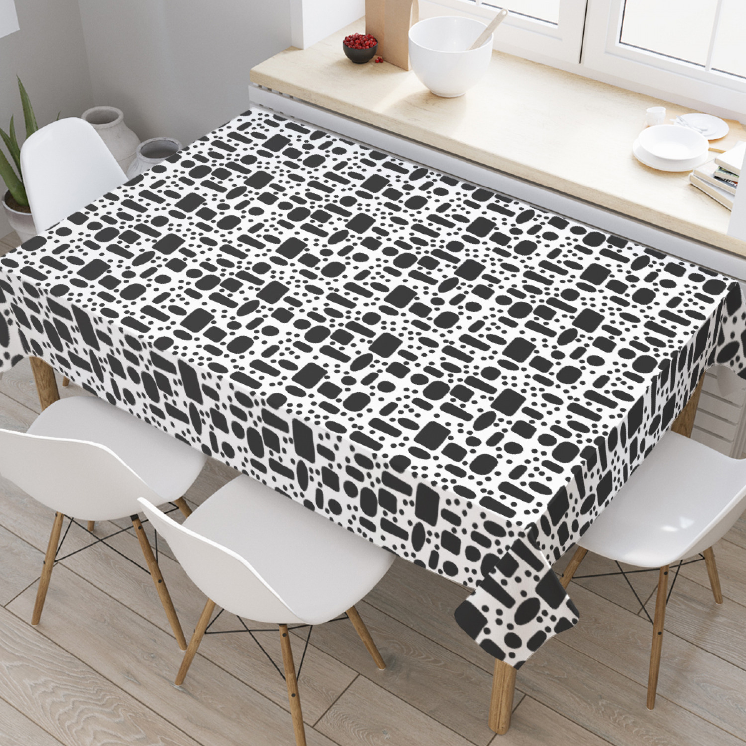 

Скатерть прямоугольная JoyArty "Модернистские формы и точки" из оксфорда, 120x145см, Белый, Модернистские формы и точки