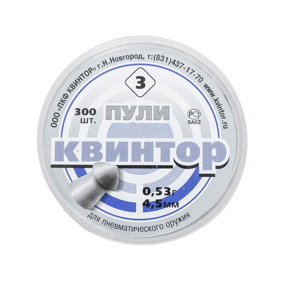 

Пули для пневматики "Квинтор №3" кал. 4,5мм (300 шт.) оживальная головка, Серебристый, №3