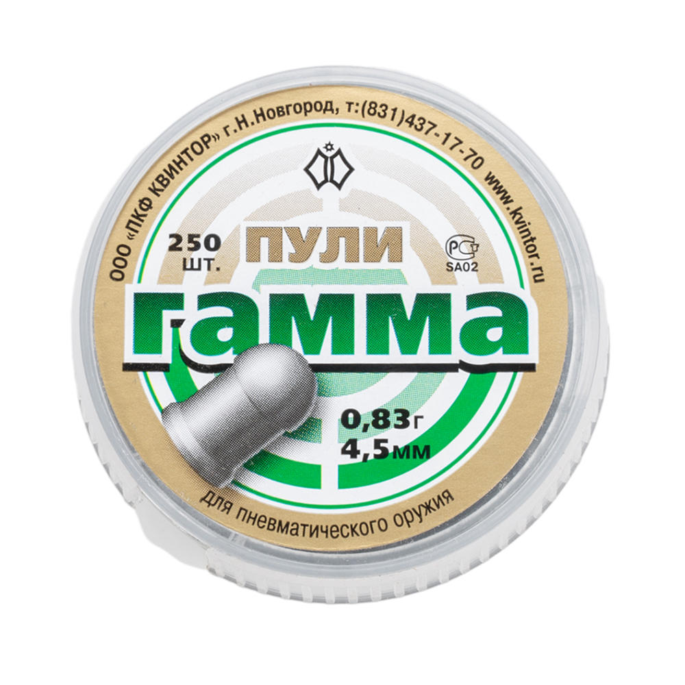 

Пули для пневматики "Гамма" (250 шт.), 0,83гр, кал. 4,5мм, Серебристый, Гамма