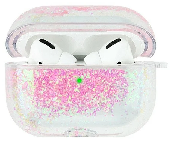 

Чехол пластиковый Kingxbar для Airpods Pro (25), прозрачный, розовые блестки, со шнурком