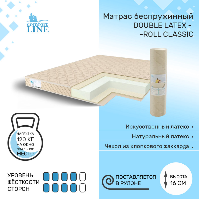 

Матрас беспружинный Comfort Line Double Latex Roll Classic 70х185, высота 16 см, Double Latex Roll Classic