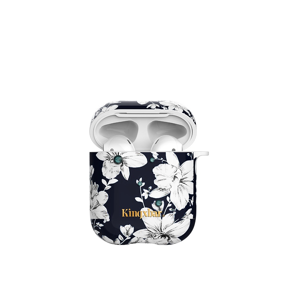 

Чехол пластиковый Kingxbar для Airpods 2 (25), темно-синий, лилии, со шнурком