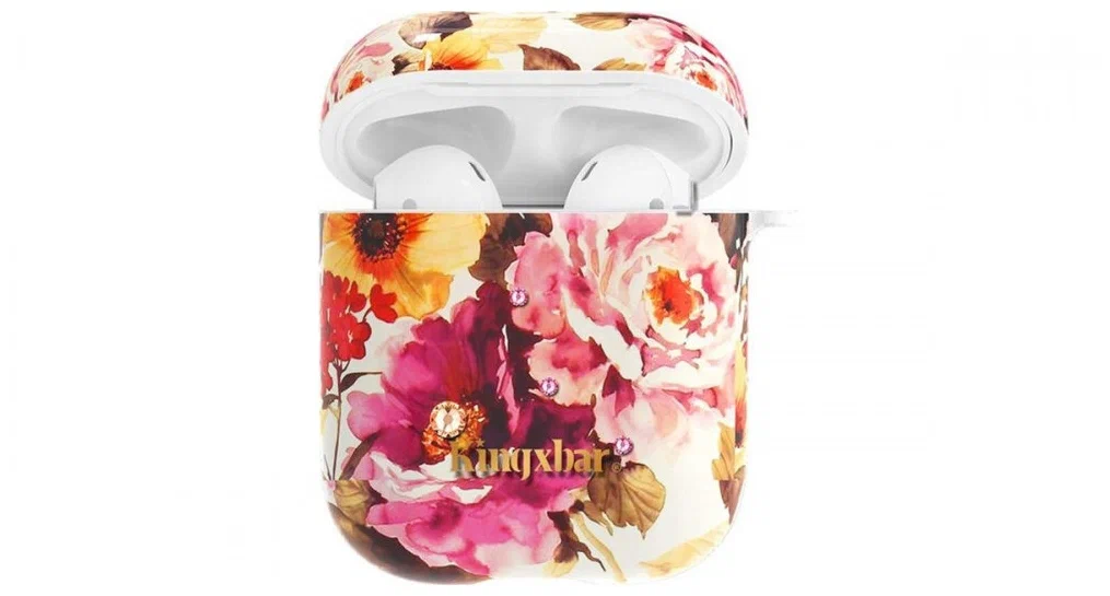 

Чехол пластиковый Kingxbar для Airpods 2 (23), белый, пионы, со шнурком