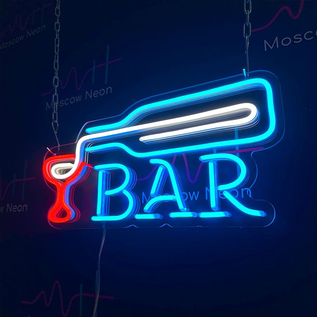 

Настенная неоновая лампа "Бутылка", надпись "Bar", для бара, 41 х 20 см., Неоновая вывеска с надписью бар и бутылкой