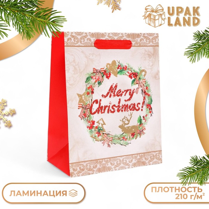 Подарочные пакет UPAK LAND ламинированный, Merry Christmas,18 х 23 х 10 см