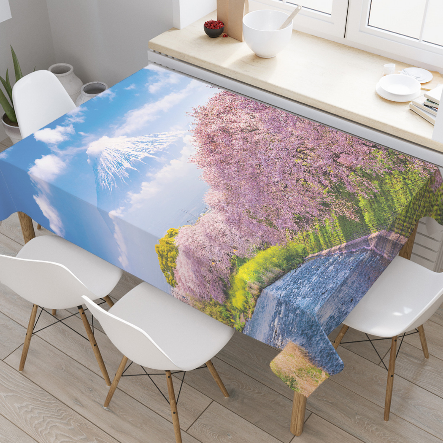 

Скатерть прямоугольная JoyArty "Цветущий берег реки" из оксфорда, 120x145см, Розовый, Цветущий берег реки