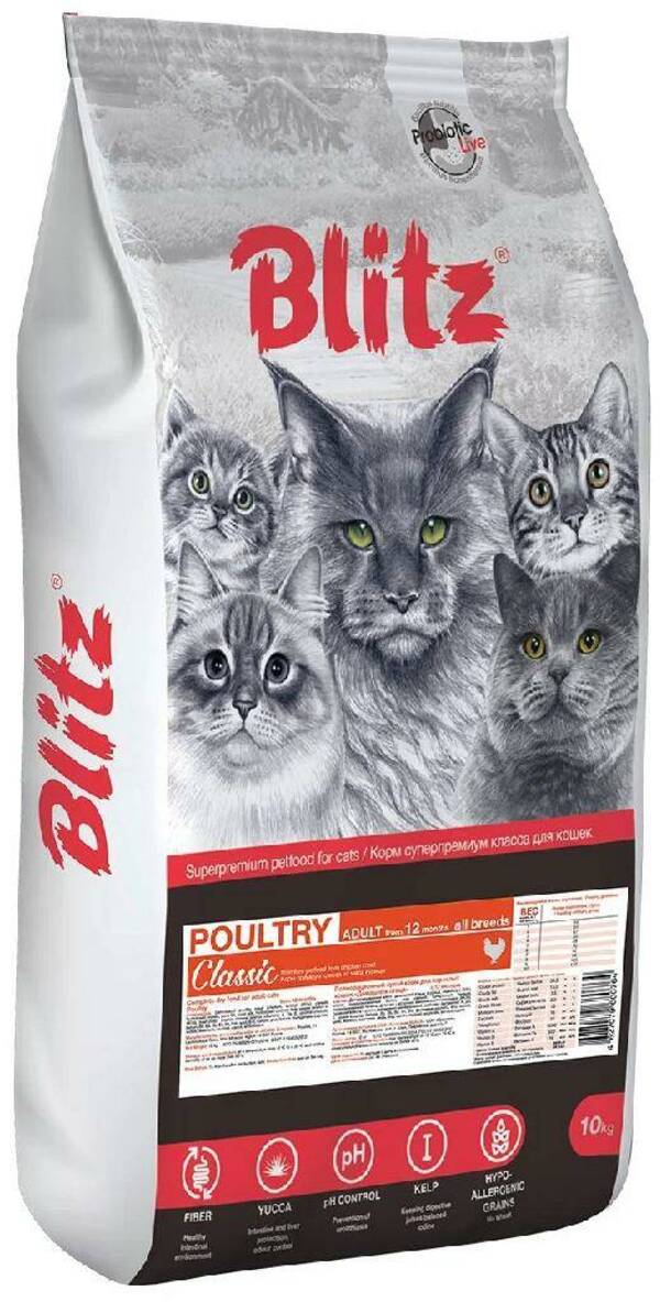 

Сухой корм для кошек BLITZ CLASSIC ADULT CAT POULTRY, с птицей, 2шт по 10кг