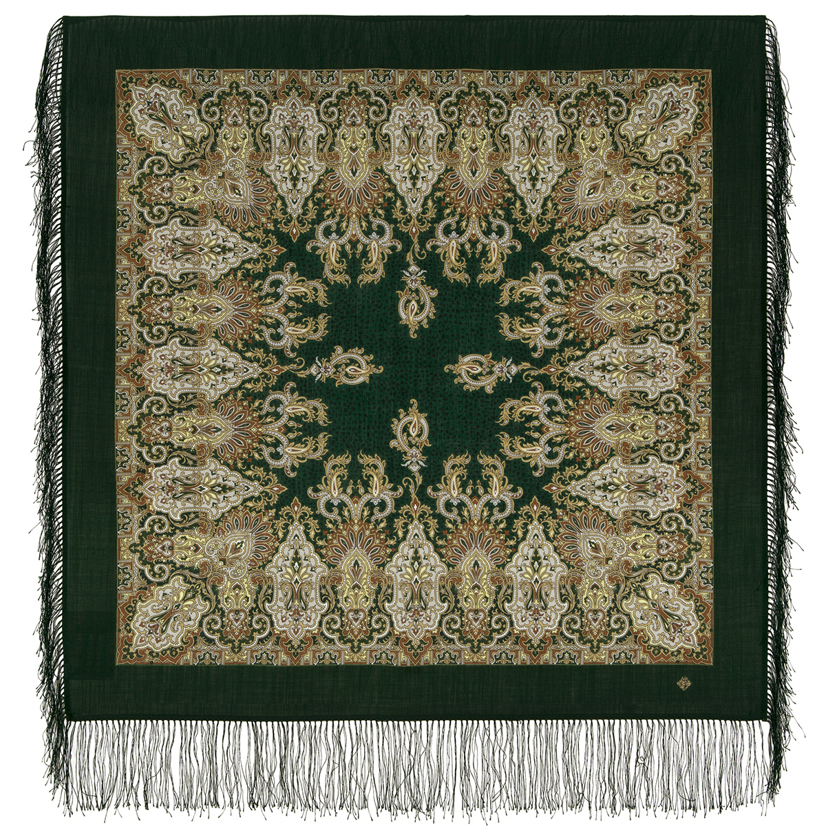 Платок женский Павловопосадский платок 855 темно-зеленый/коричневый/бежевый, 89х89 см