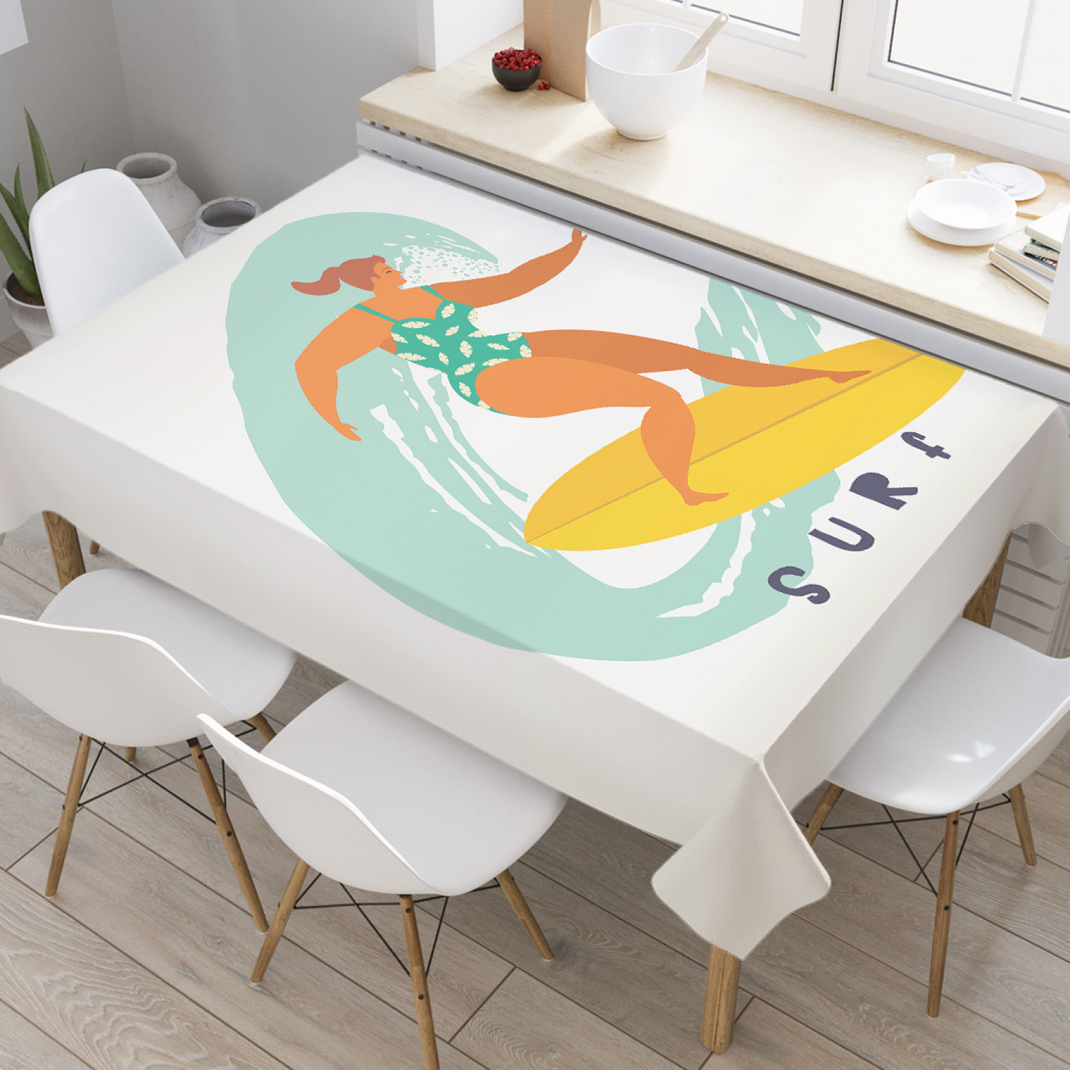 

Скатерть прямоугольная JoyArty "Женщина-серфер по волнам" из оксфорда, 120x145см, Коричневый, Женщина-серфер по волнам