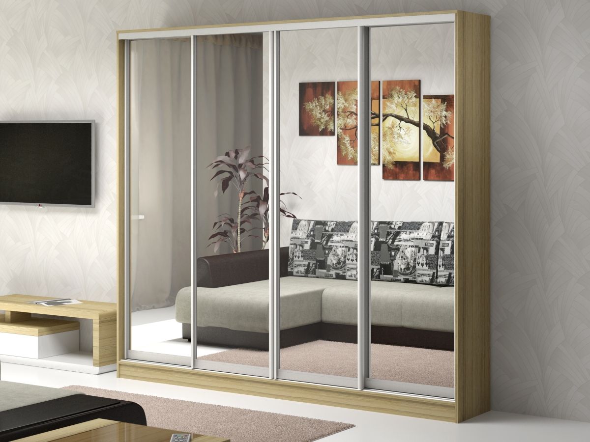 

Шкаф-купе Альберто-4 Дуб сонома для одежды с зеркалом четырёхдверный 200x220x70 Мегамебель, Бежевый, Альберто-4