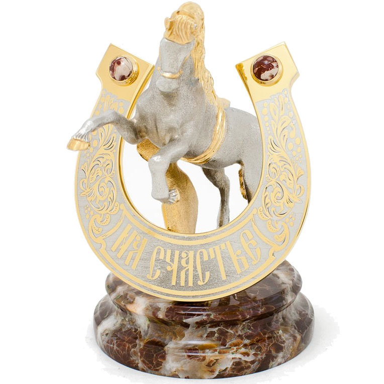фото Статуэтка "конь с подковой на счастье"из бронзы и яшмы (16 см) уральский сувенир