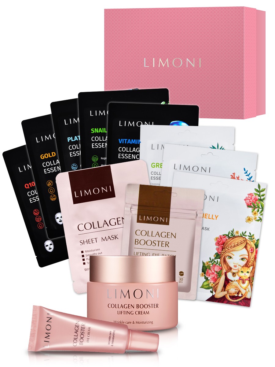 фото Набор limoni collagen face set + masks (2 средства, 9 масок, патчи, коробка)