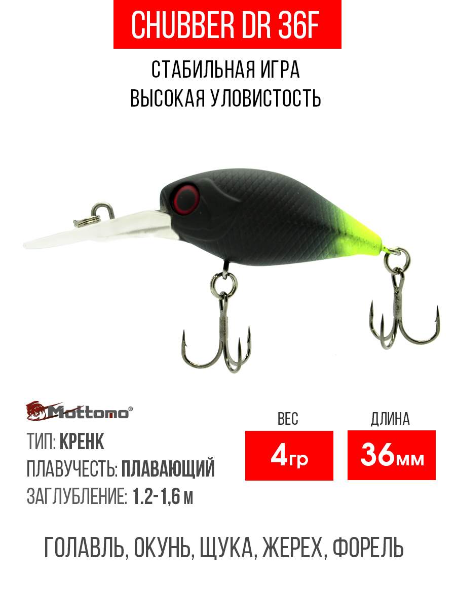 

Воблер Mottomo Chubber DR 36F 4g Black Lime, Разноцветный, Chubber DR