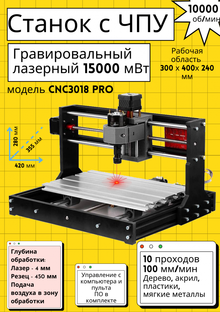 фото Лазерный и фрезерный гравировальный станок cnc3018 pro, 15000 мвт / 10000 об/мин meterk