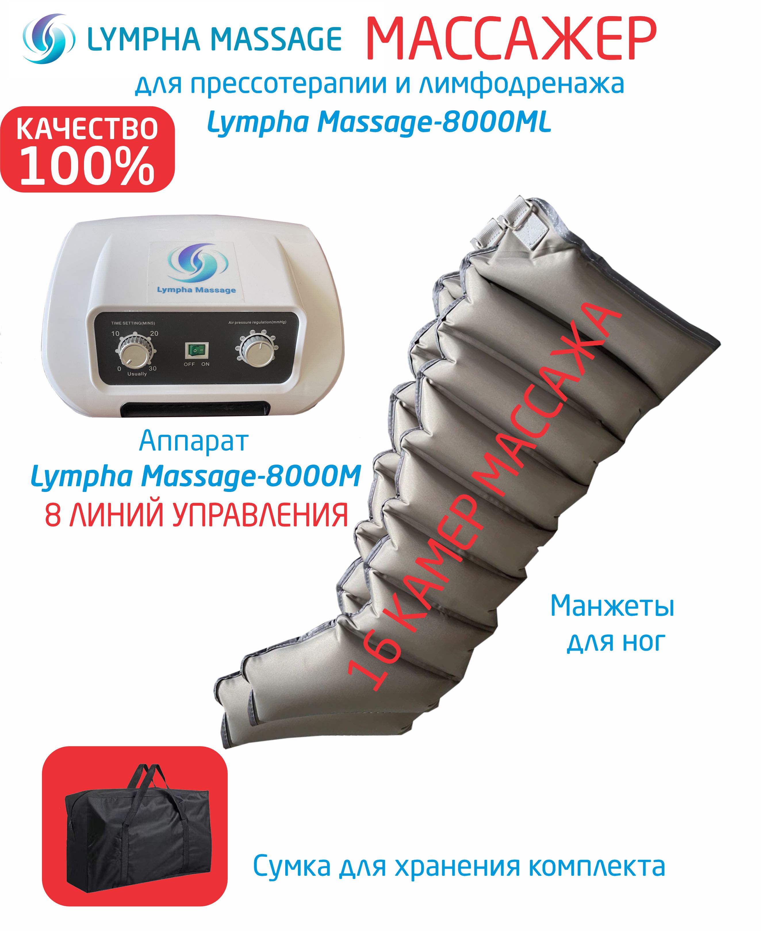 

Аппарат для прессотерапии и лимфодренажа Lympha Massage-8000M + 2 манжеты для ног+ сумка, Белый;разноцветный;серый, 8000ML