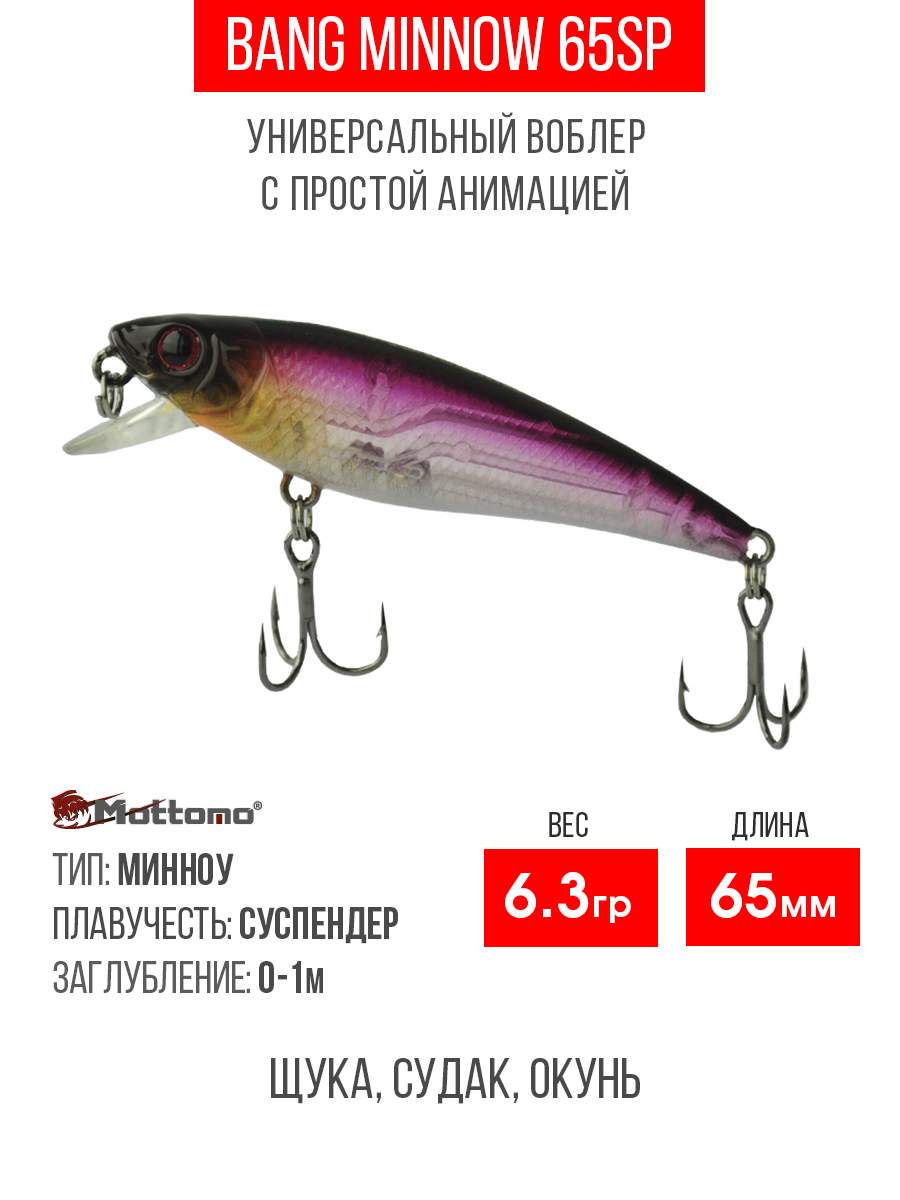 

Воблер Mottomo Bang Minnow 65SP 6,3g Ghost Wakasagi, Разноцветный, Bang Minnow