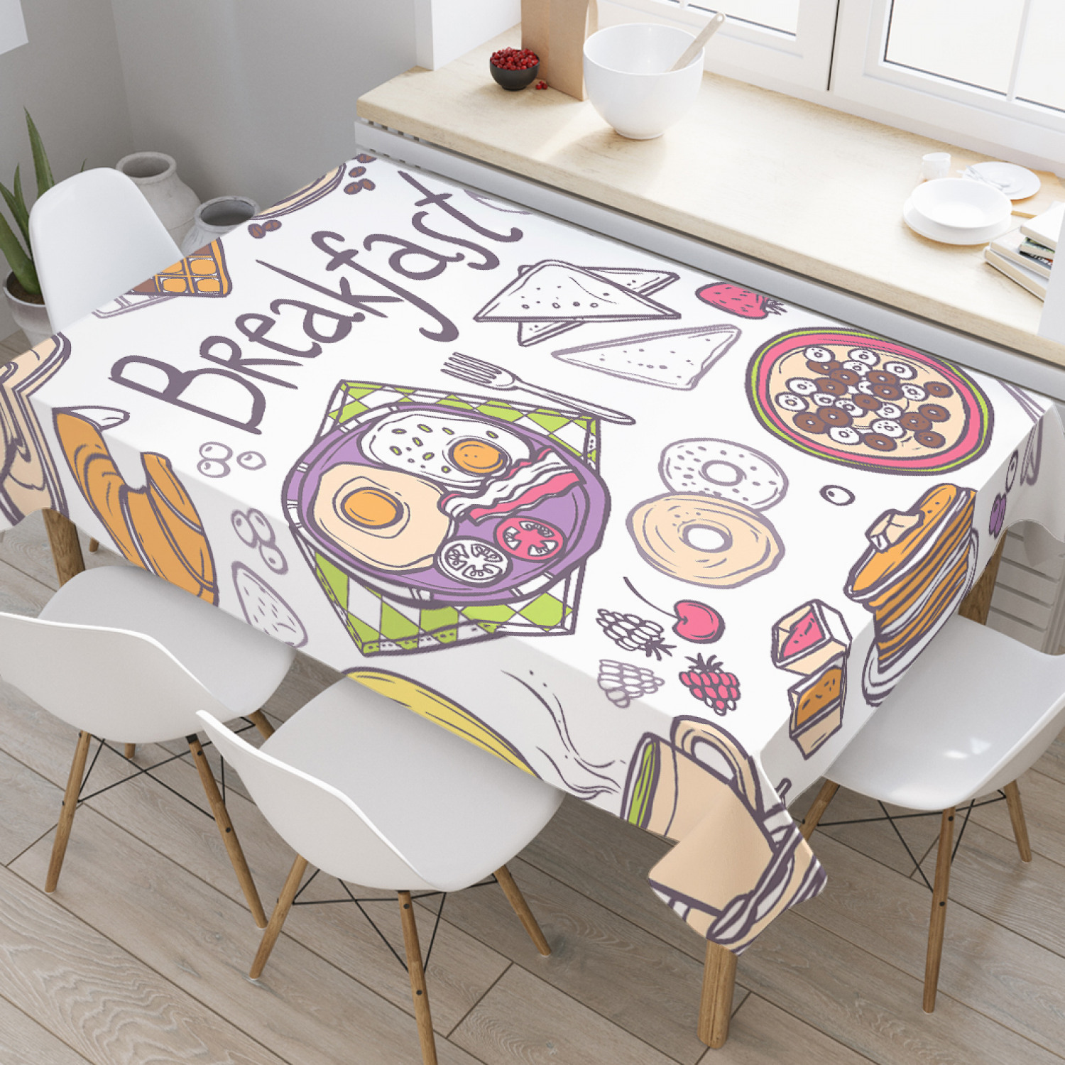 

Скатерть прямоугольная JoyArty "Продукты на завтрак" из оксфорда, 120x145см, Белый, Продукты на завтрак