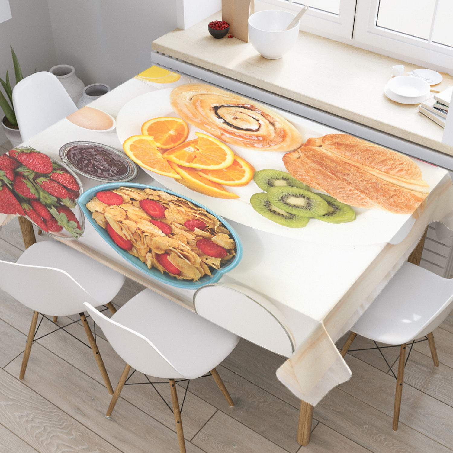 

Скатерть прямоугольная JoyArty "Поднос вкусных продуктов" из оксфорда, 120x145см, Белый, Поднос вкусных продуктов