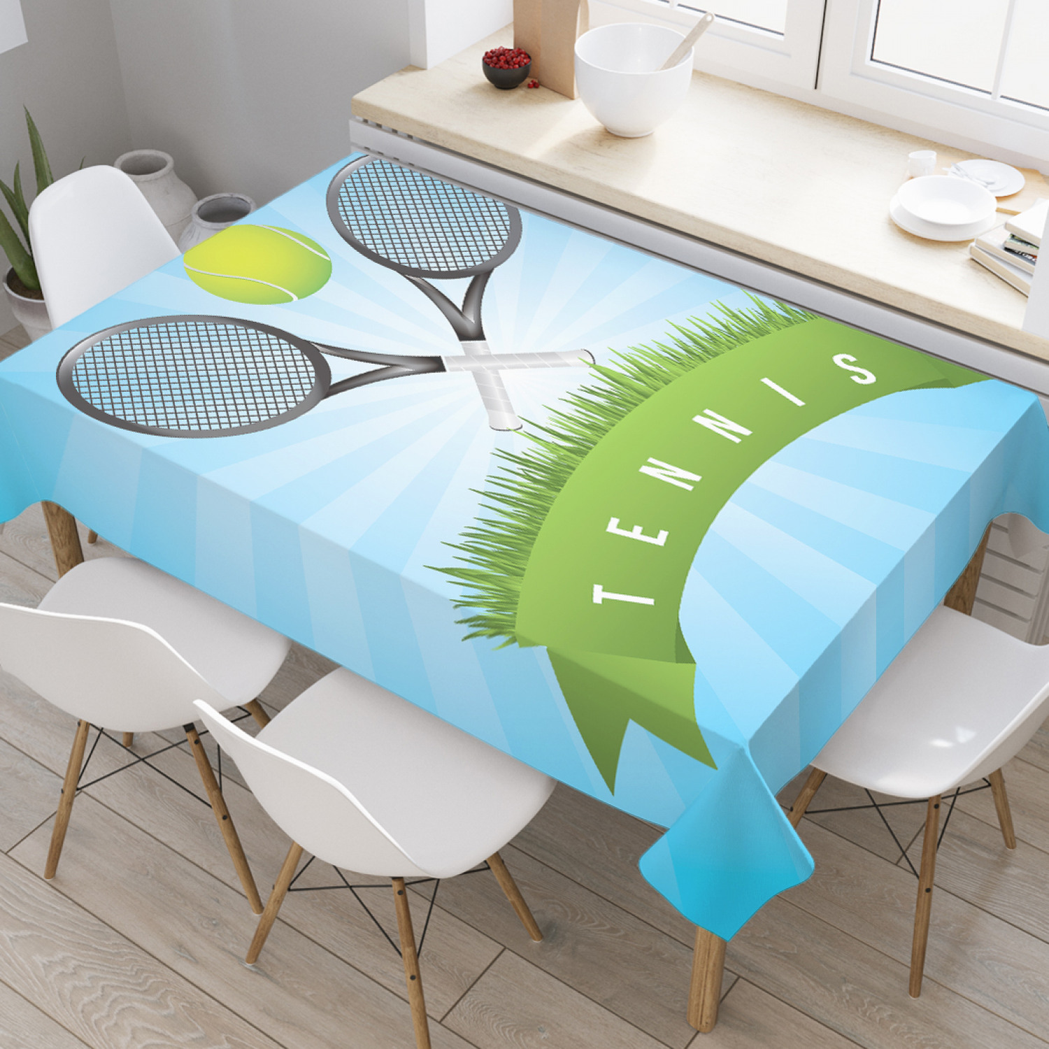 фото Скатерть прямоугольная на кухонный стол joyarty "теннис в лучах" из оксфорда, 120x145 см