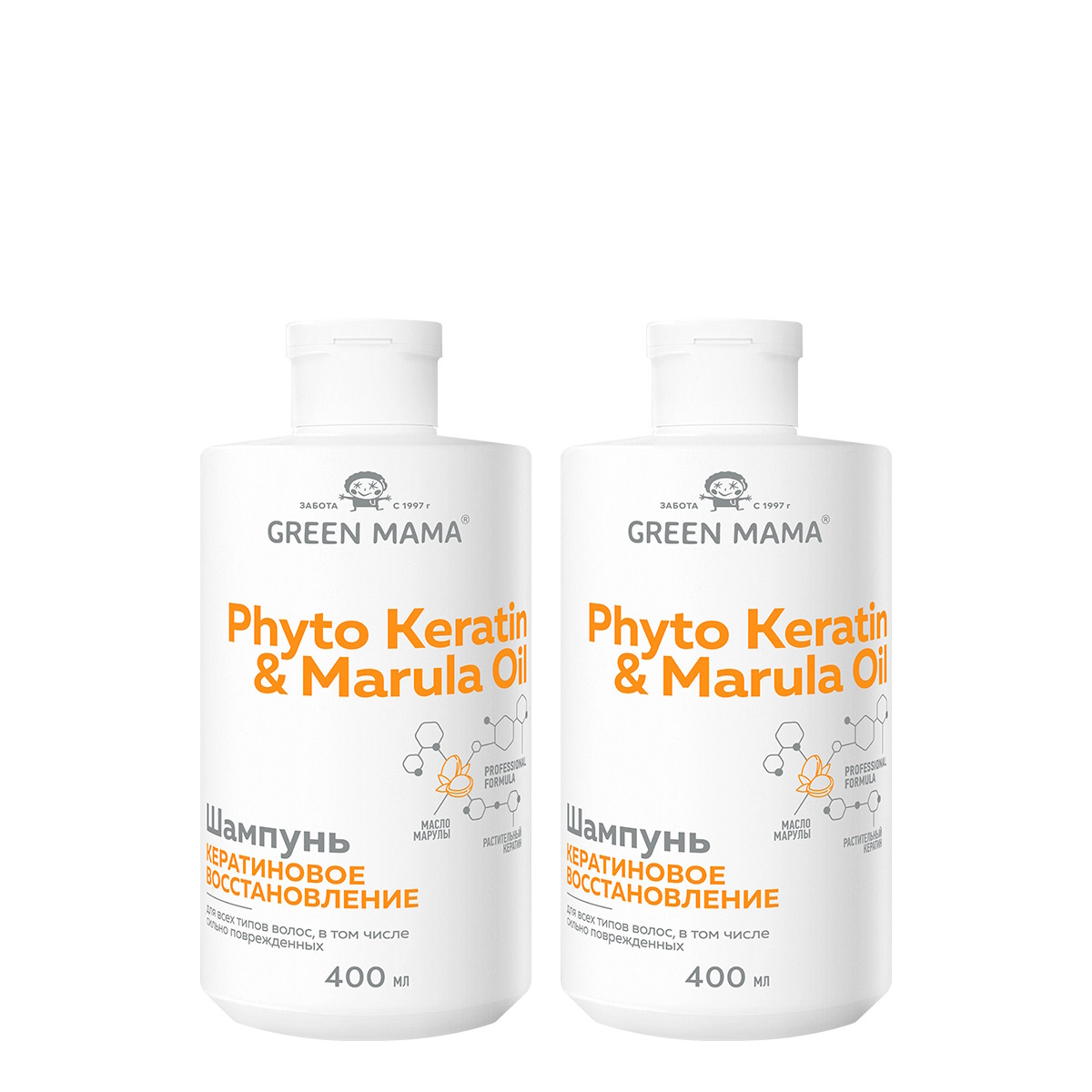 Шампунь для восстановления волос Green Mama Phyto Keratin & Marula Oil 400 мл 2 шт