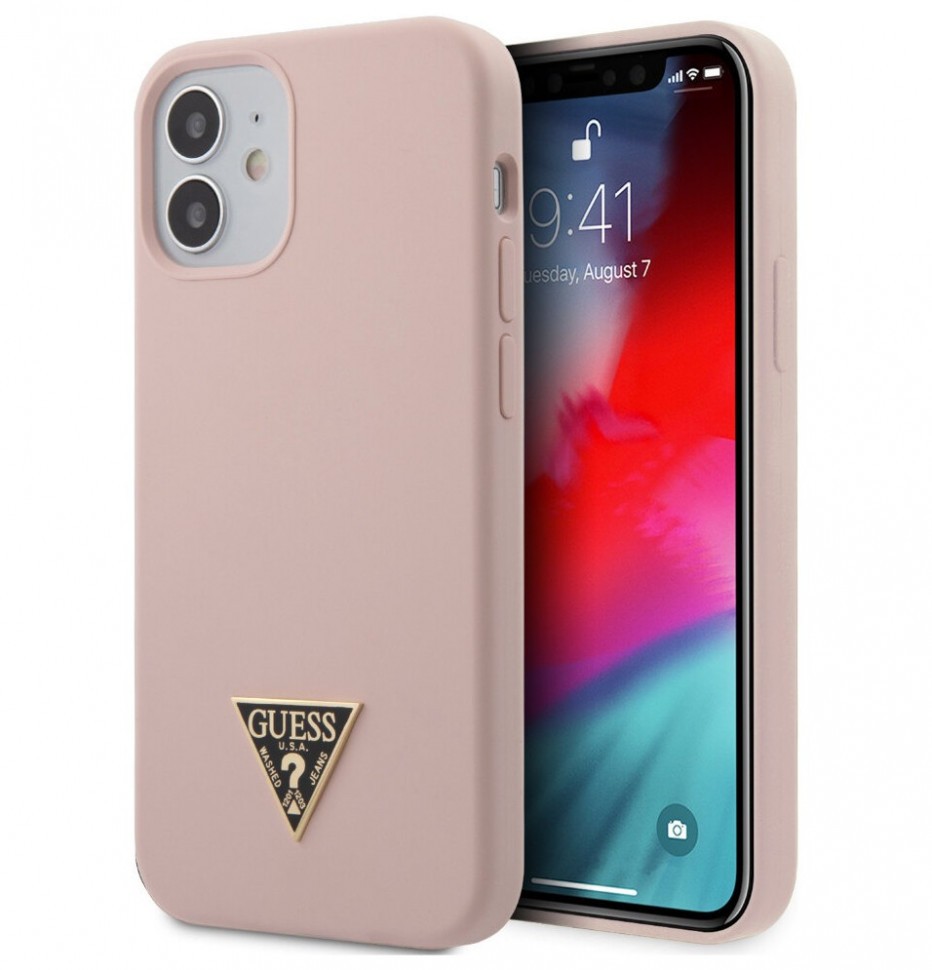 фото Чехол cg mobile guess liquid silicone triangle metal logo iphone 12 mini розовый