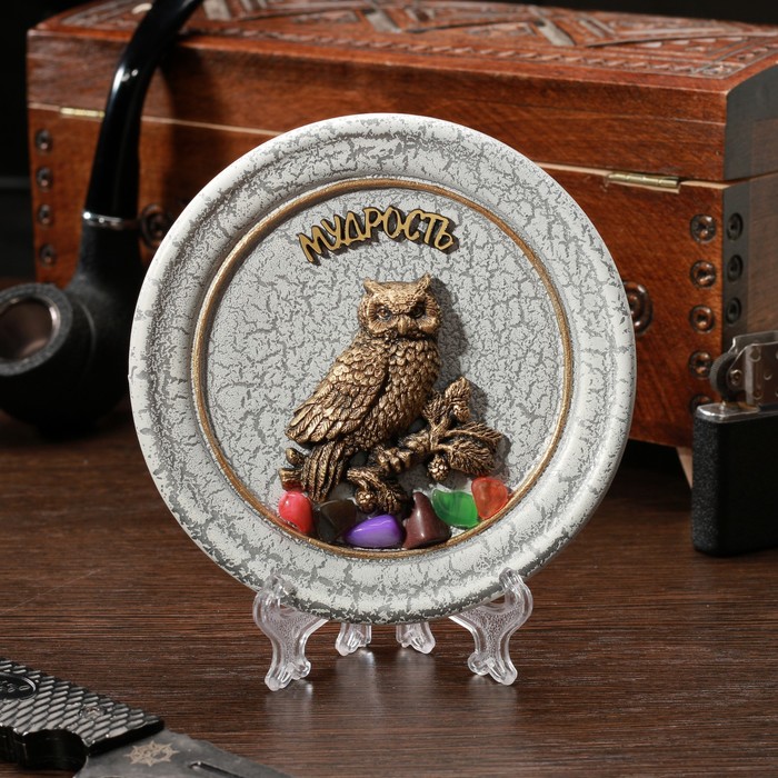 фото Тарелка сувенирная "сова на ветке", керамика, гипс, минералы, d=11 см nobrand