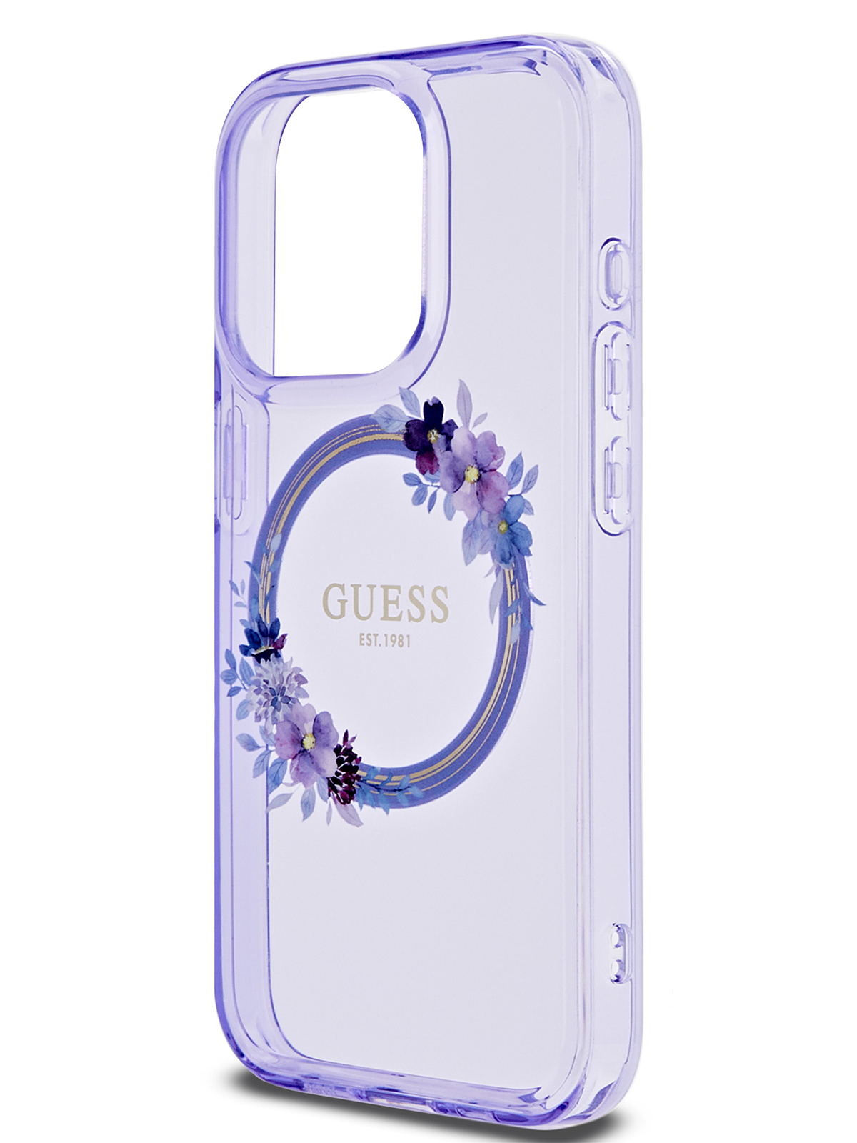 

Чехол Guess для iPhone 15 Pro с Magsafe Flowers Wreath Hard Purple, Фиолетовый