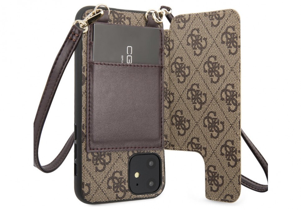 фото Чехол cg mobile guess 4g crossbody cardslots magnetic с ремешком iphone 11 коричневый