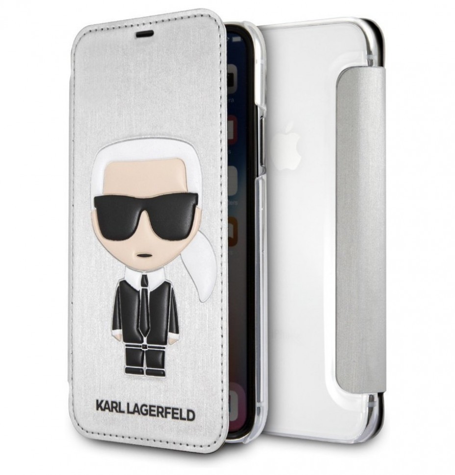 фото Чехол cg mobile karl lagerfeld leather iconic karl booktype iphone x/xs серебристый