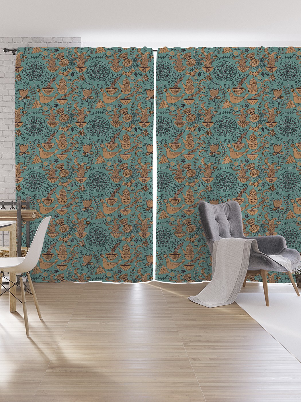 

Шторы под лён JoyArty "Орнаментальное чаепитие", серия Oxford DeLux, 340х265 см, Орнаментальное чаепитие