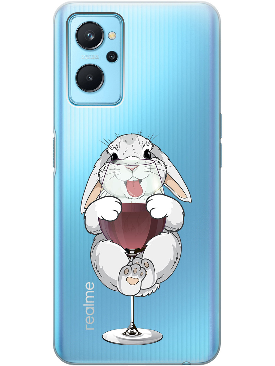 

Силиконовый чехол на Realme 9i с принтом "Кролик и бокал", Прозрачный;белый;бордовый, 740189475