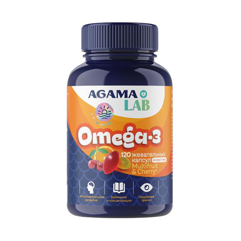 фото Омега жиры agama omega-3 для детей мультифрукт и вишня капсулы 120 шт.