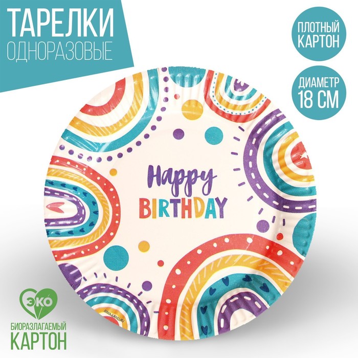 

Тарелка бумажная Happy birthday, набор 6 шт, 18 см, Сервировка стола. Be happy